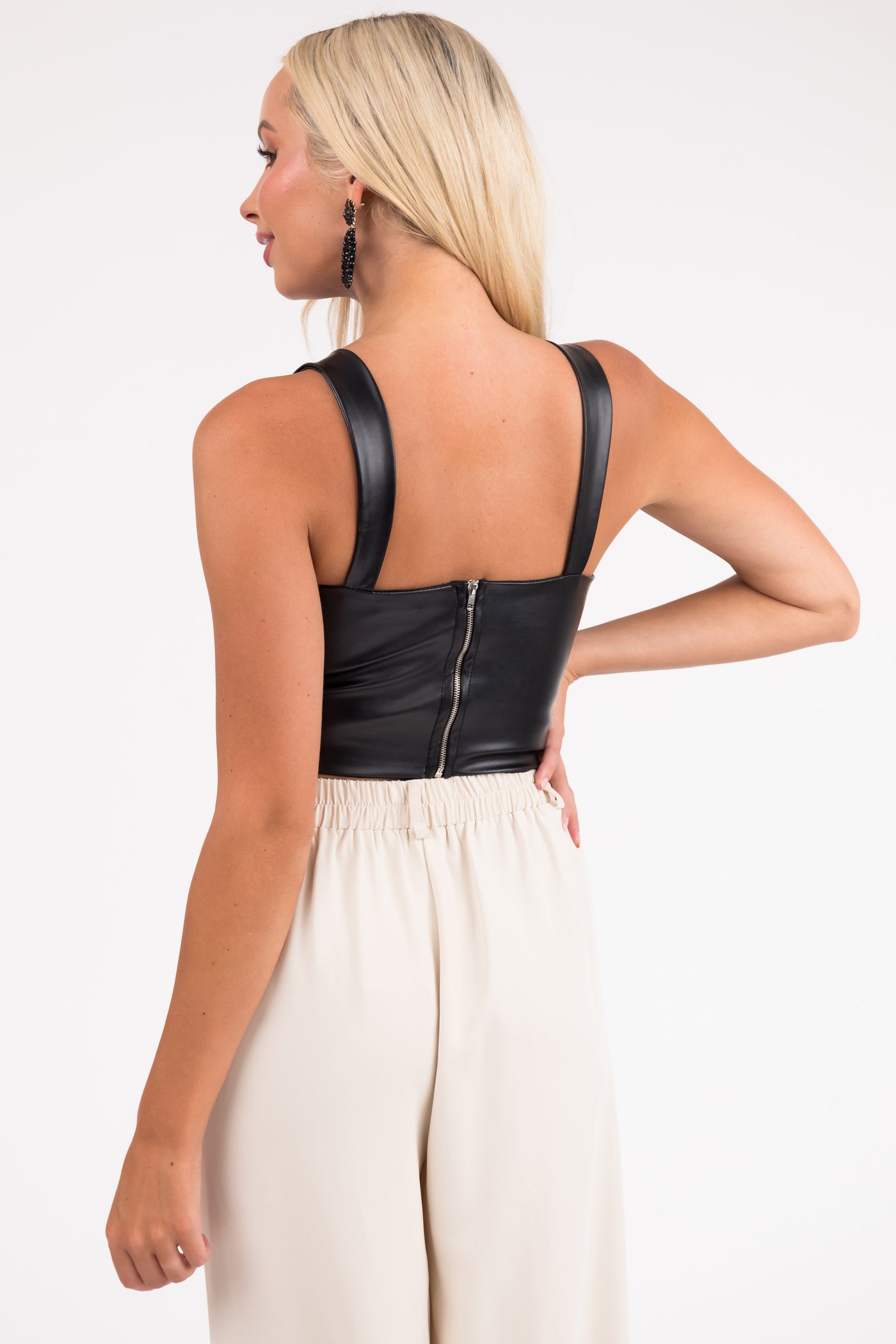 Black Pleather Sweetheart Neck Crop Top