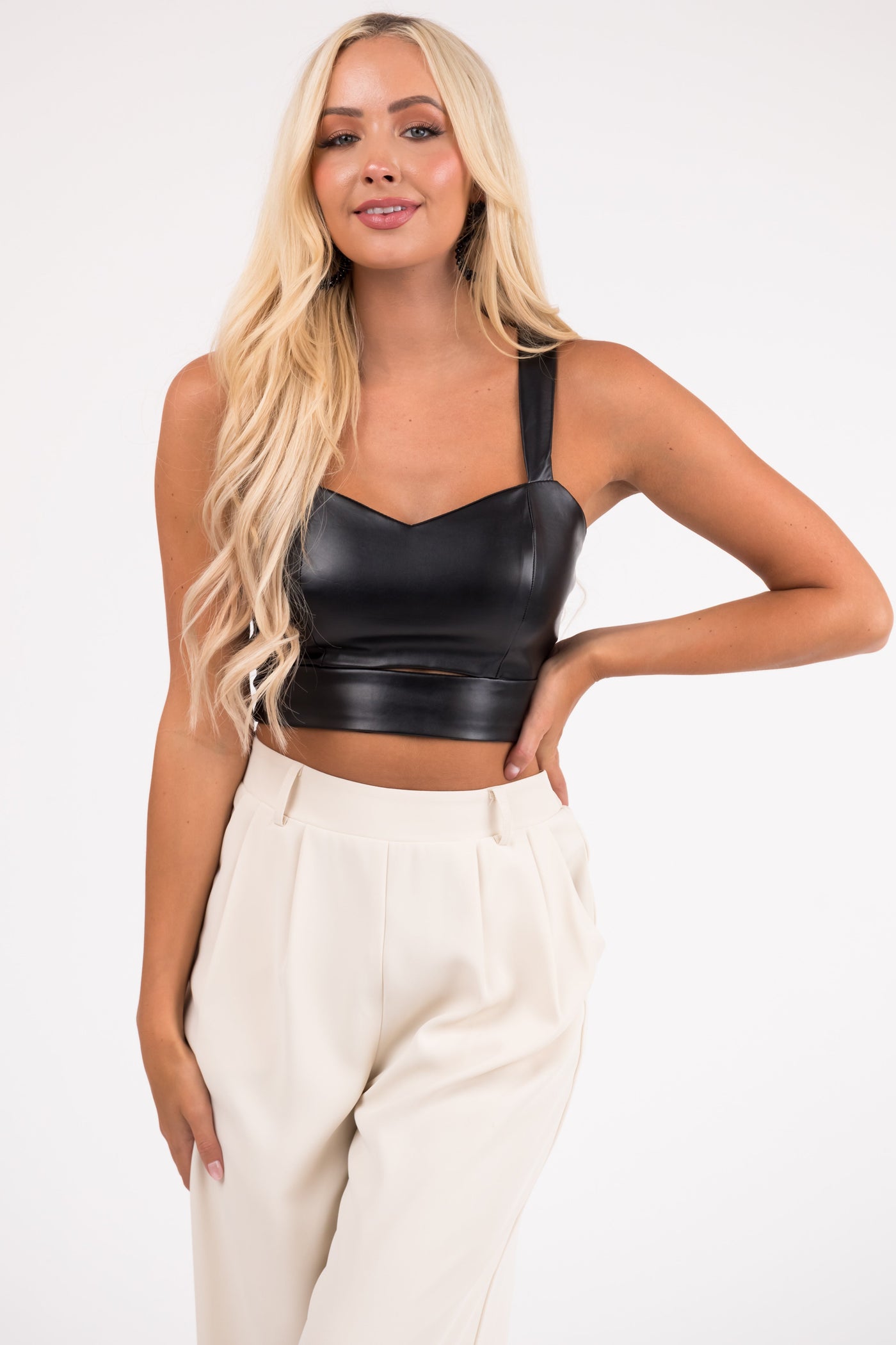 Black Pleather Sweetheart Neck Crop Top