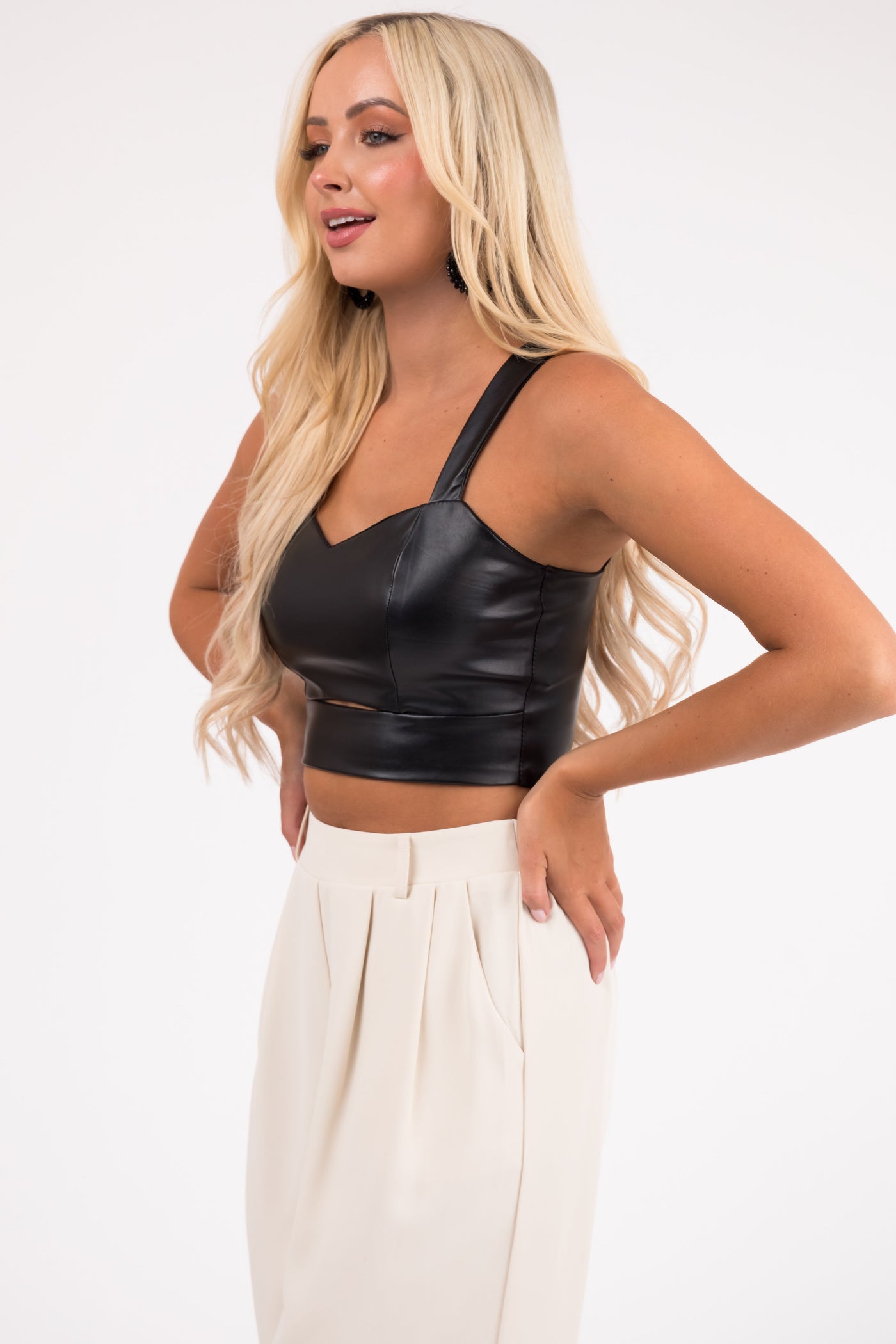Black Pleather Sweetheart Neck Crop Top