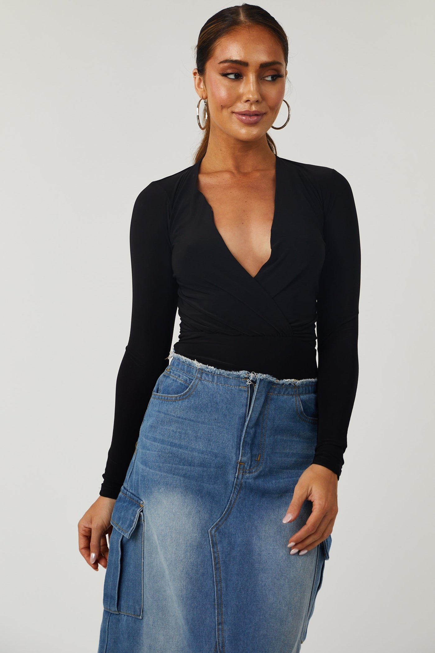 Black Plunging Surplice Long Sleeve Bodysuit