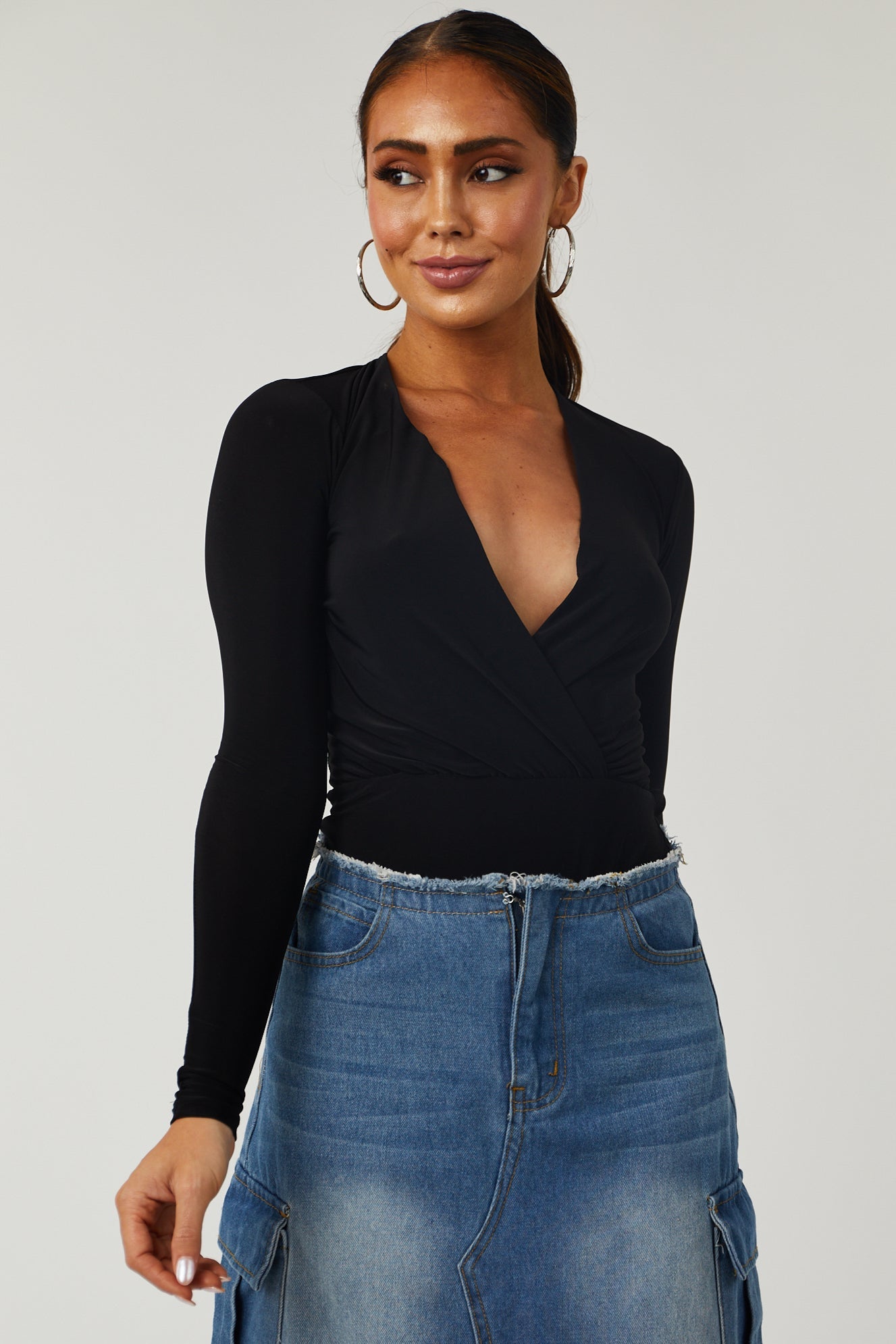 Black Plunging Surplice Long Sleeve Bodysuit