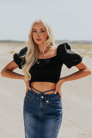 Black Puff Sleeve Strappy Open Back Crop Top