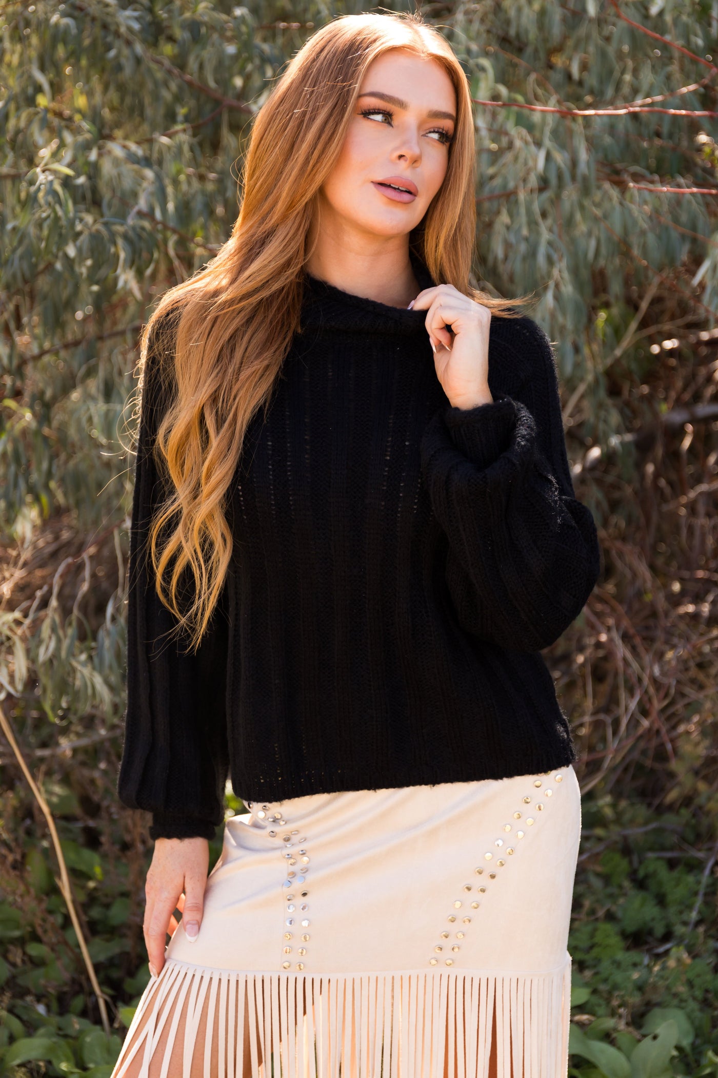 Black Ribbed High Neck Raglan Sweater