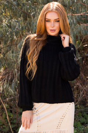 Black Ribbed High Neck Raglan Sweater