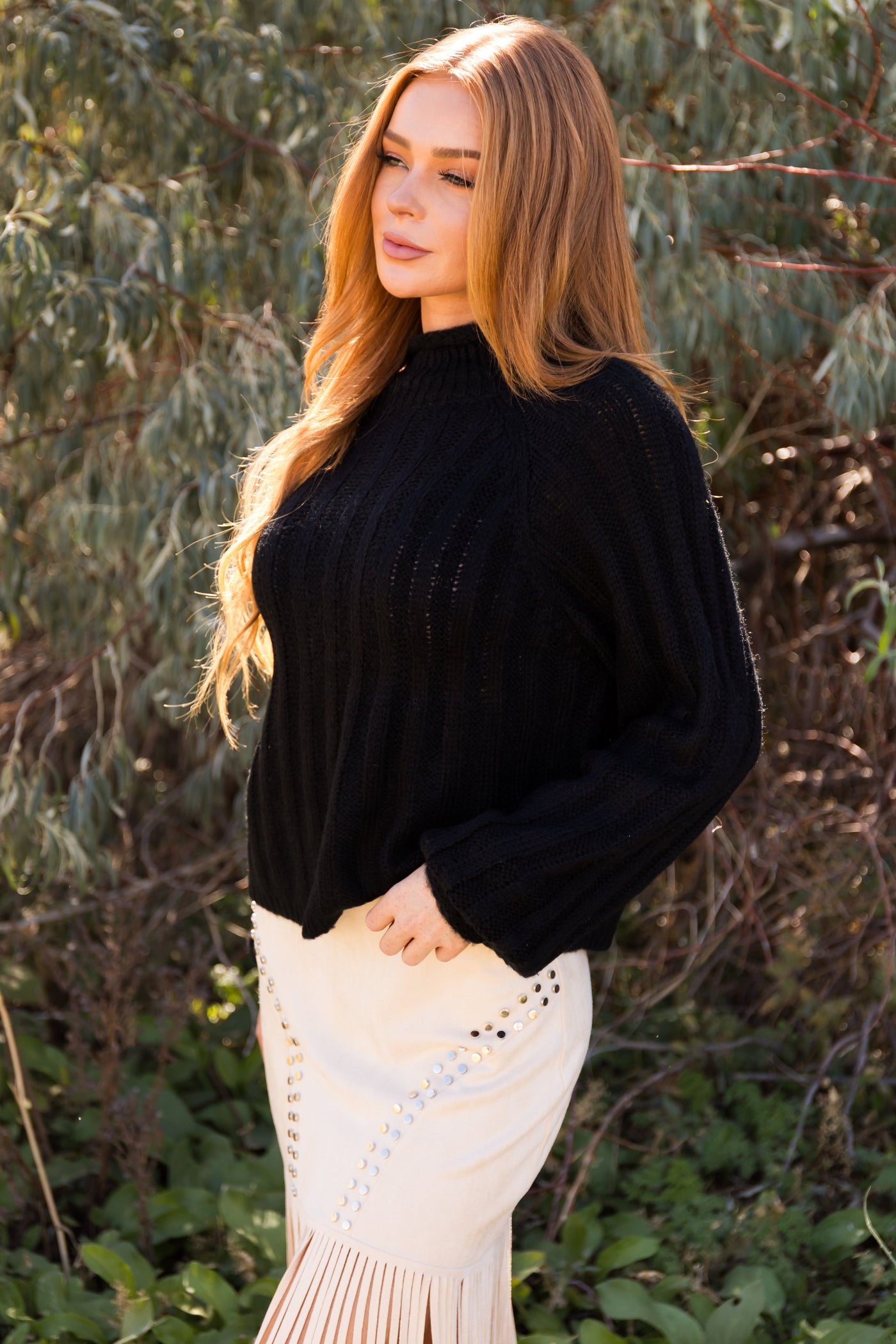 Black Ribbed High Neck Raglan Sweater