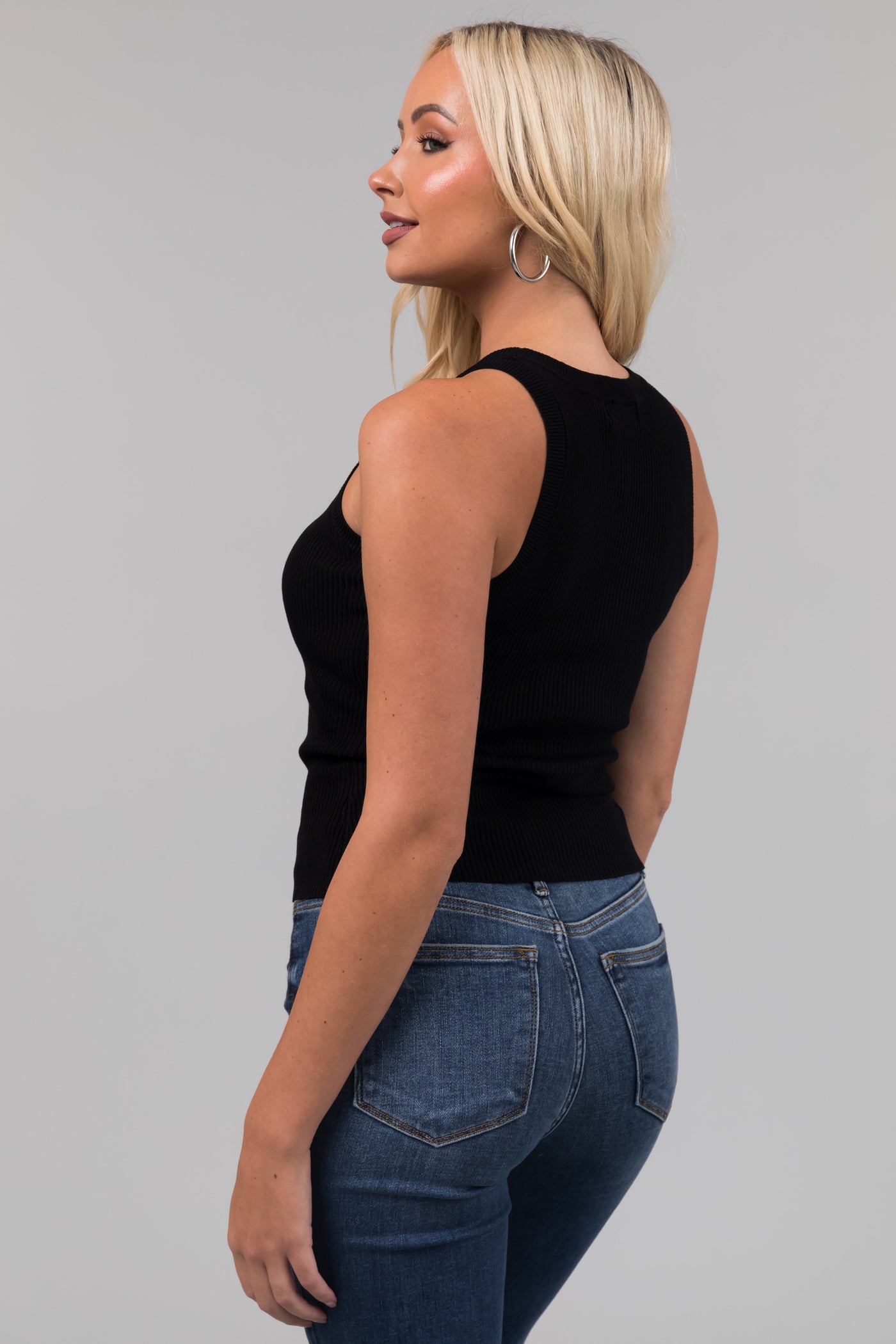 Black Ribbed Knit Fitted Tank Top