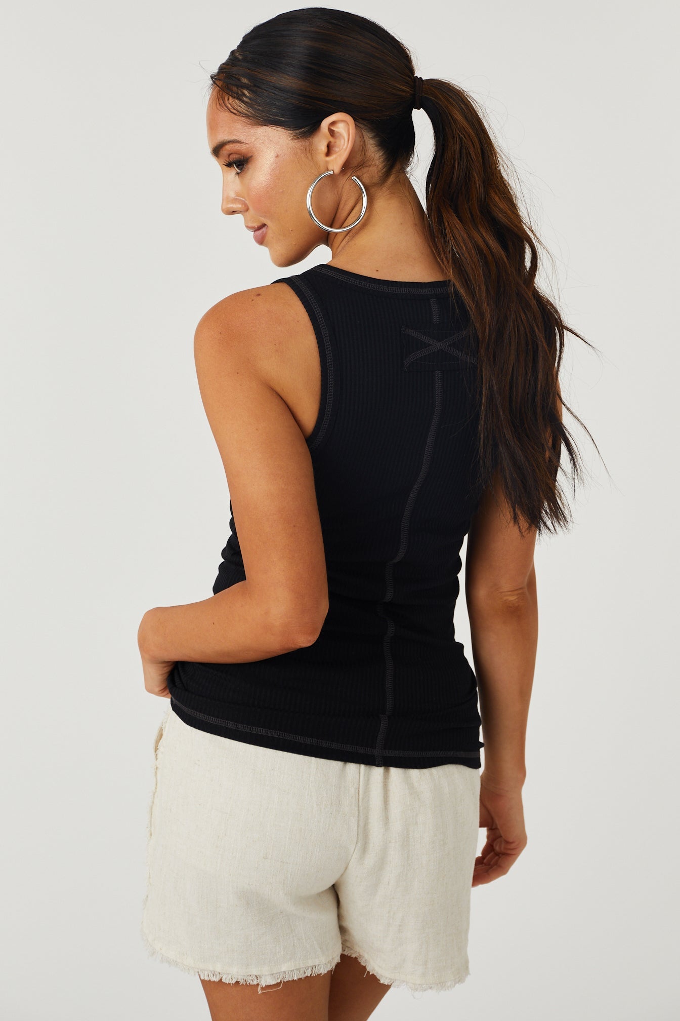 Black Ribbed Knit Henley Tank Top