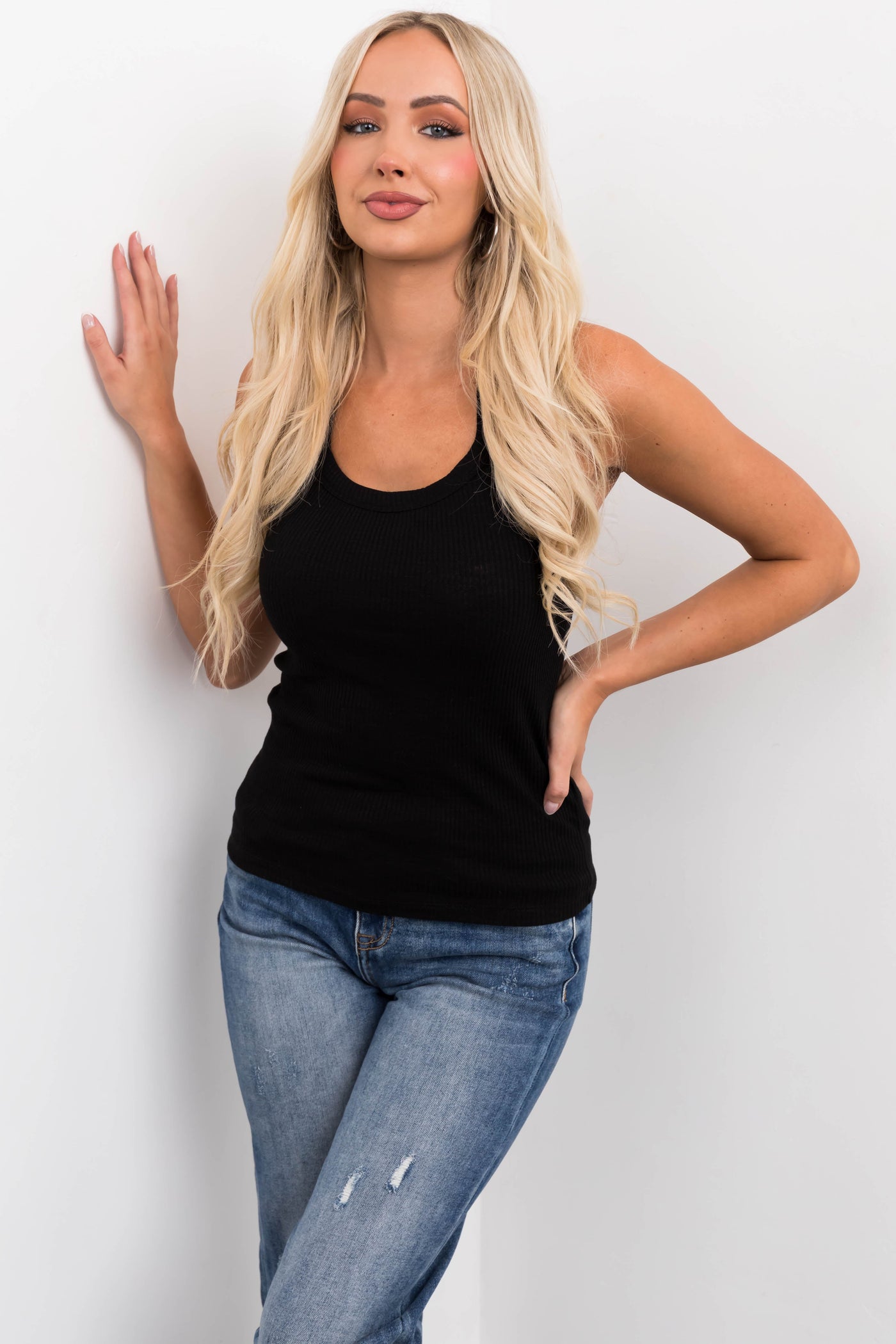 Black Ribbed Knit Scoop Neck Solid Tank Top