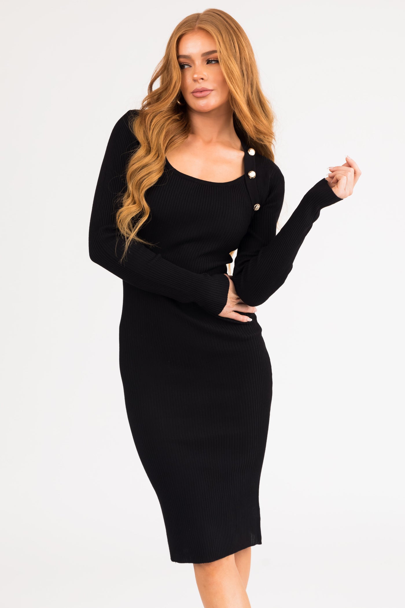 Black Ribbed Long Sleeve Gold Button Detail Midi Dress