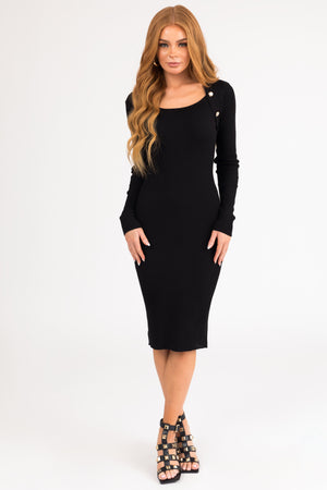 Black Ribbed Long Sleeve Gold Button Detail Midi Dress