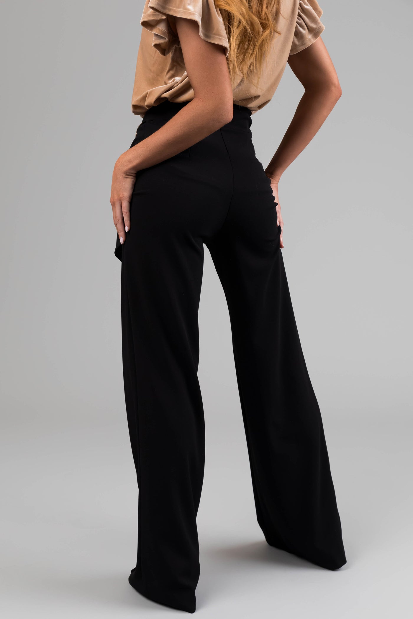 Black Ring Belt Waist Wide Leg Pants