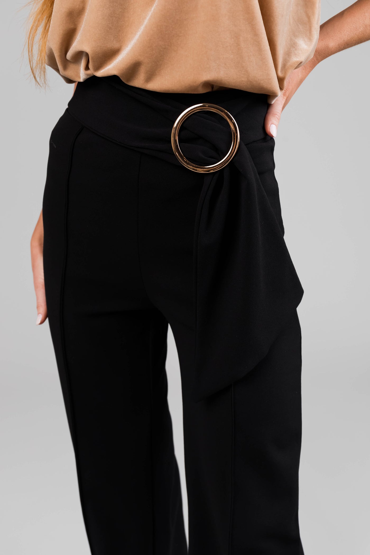 Black Ring Belt Waist Wide Leg Pants
