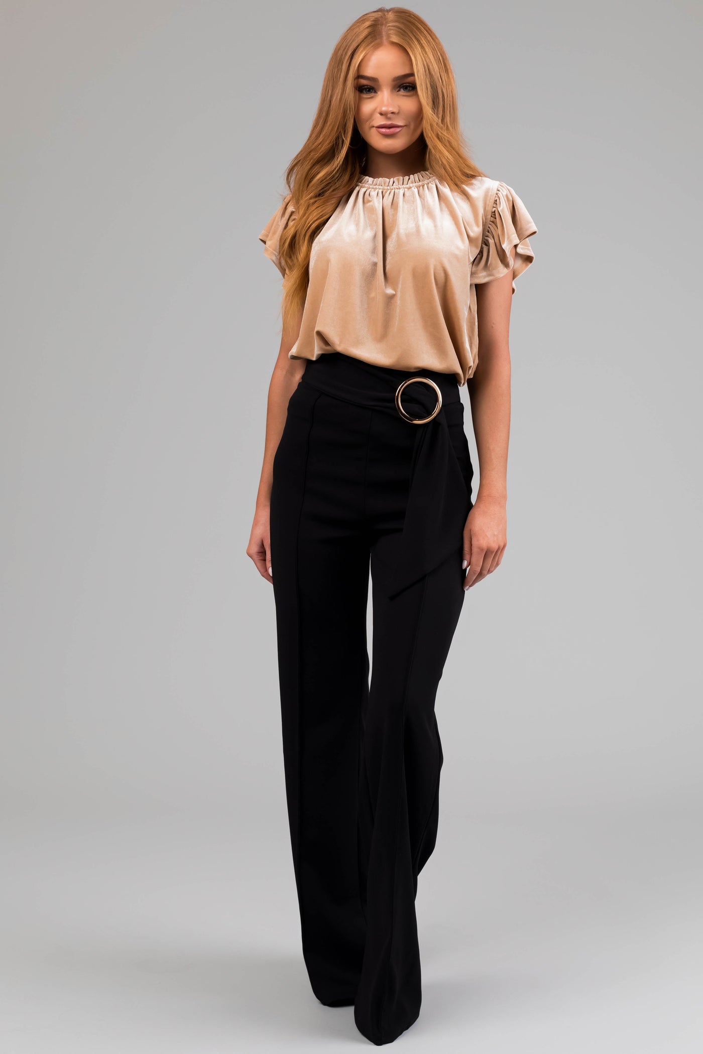 Black Ring Belt Waist Wide Leg Pants