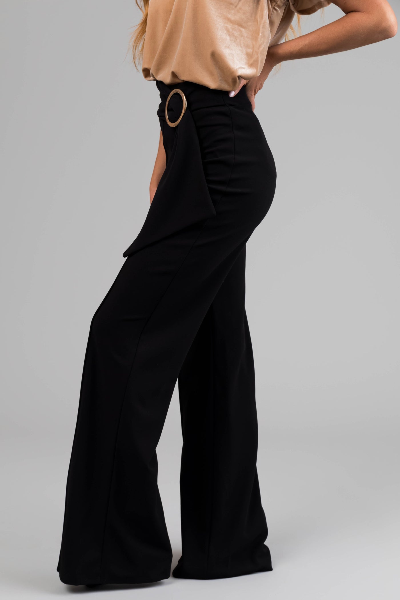 Black Ring Belt Waist Wide Leg Pants