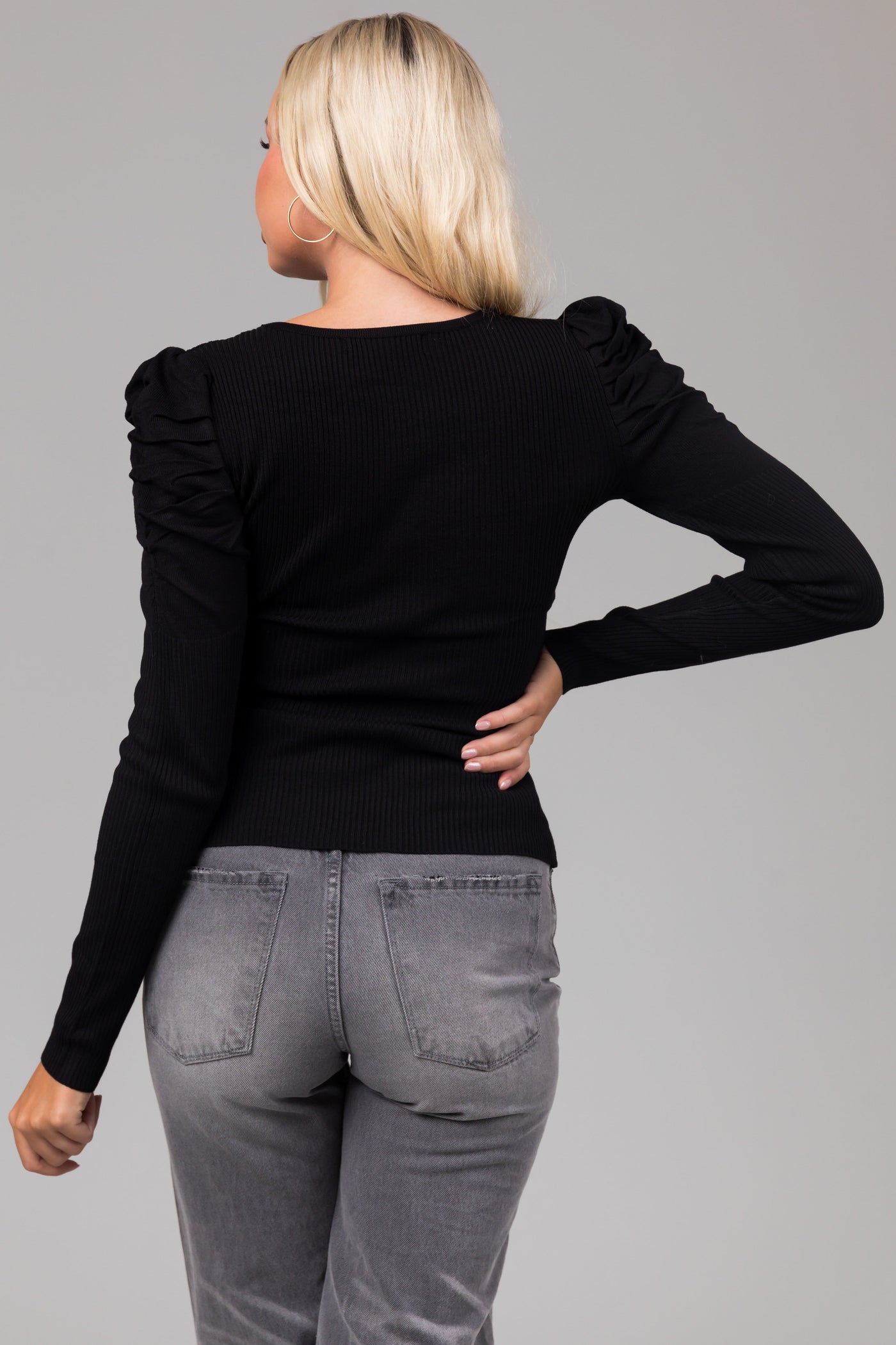 Black Ruched Puff Shoulder Ribbed Knit Top