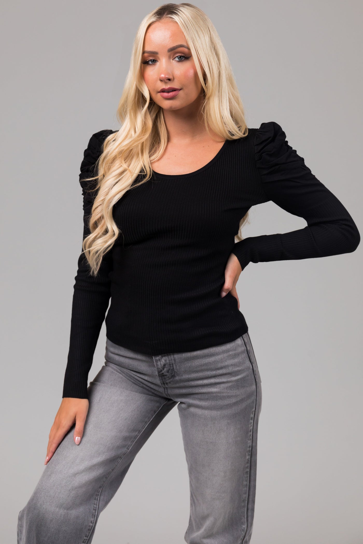 Black Ruched Puff Shoulder Ribbed Knit Top