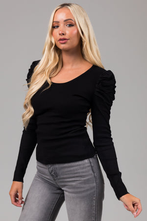 Black Ruched Puff Shoulder Ribbed Knit Top