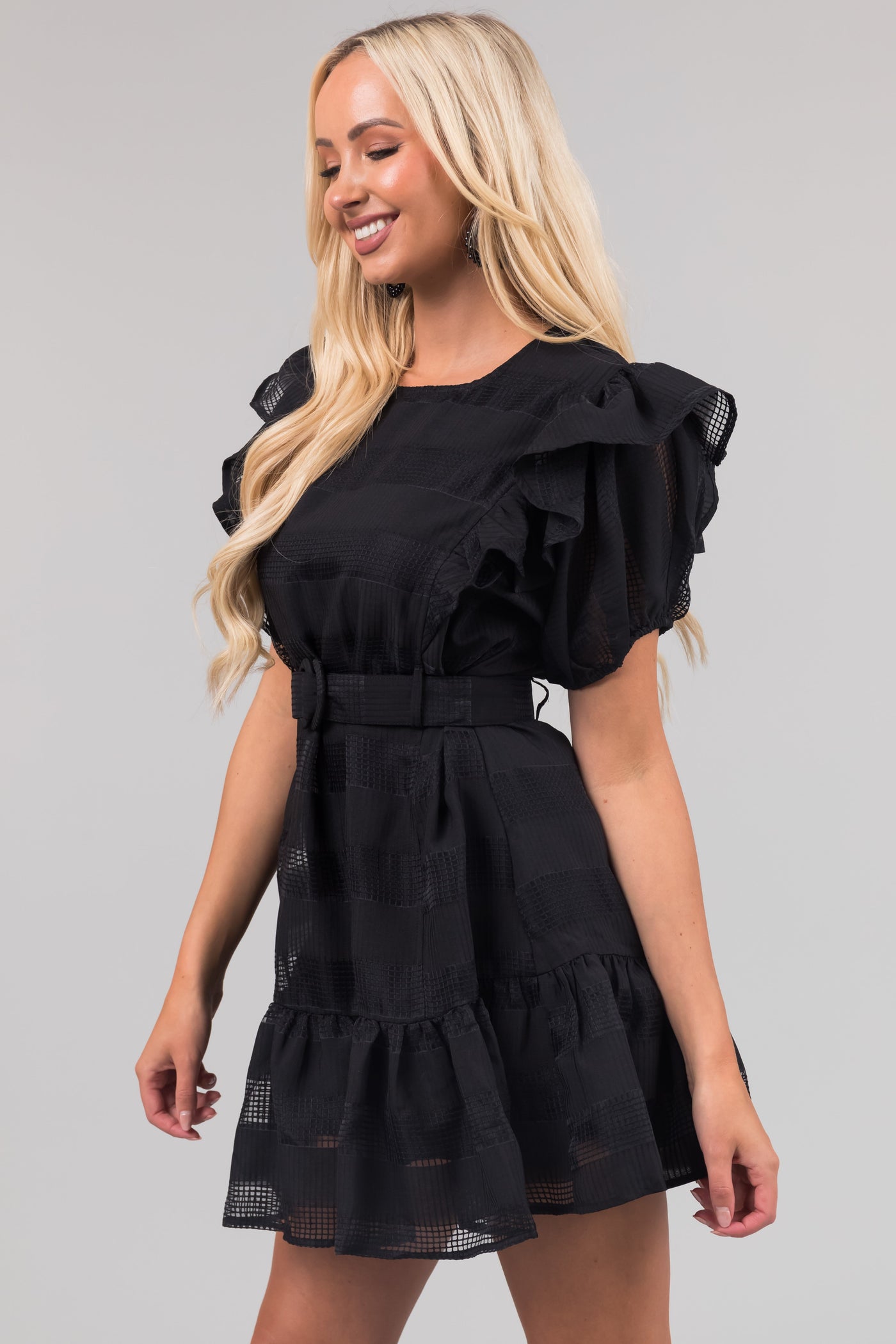 Black Ruffle Belted Waist Striped Mini Dress