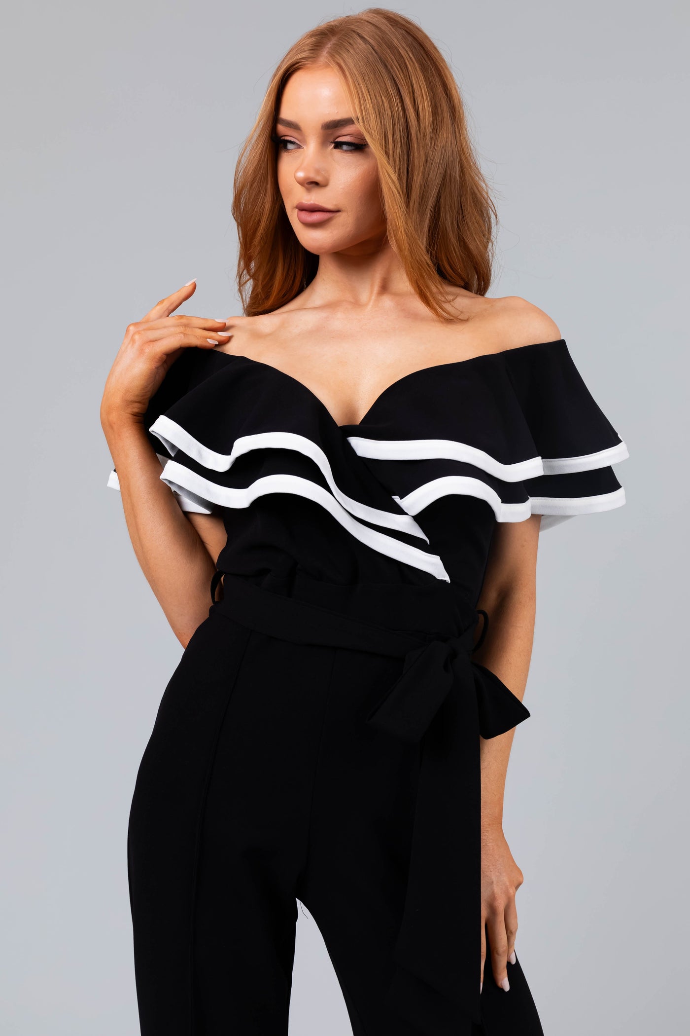 Black Ruffle Jumpsuit with Ivory Contrast Trim