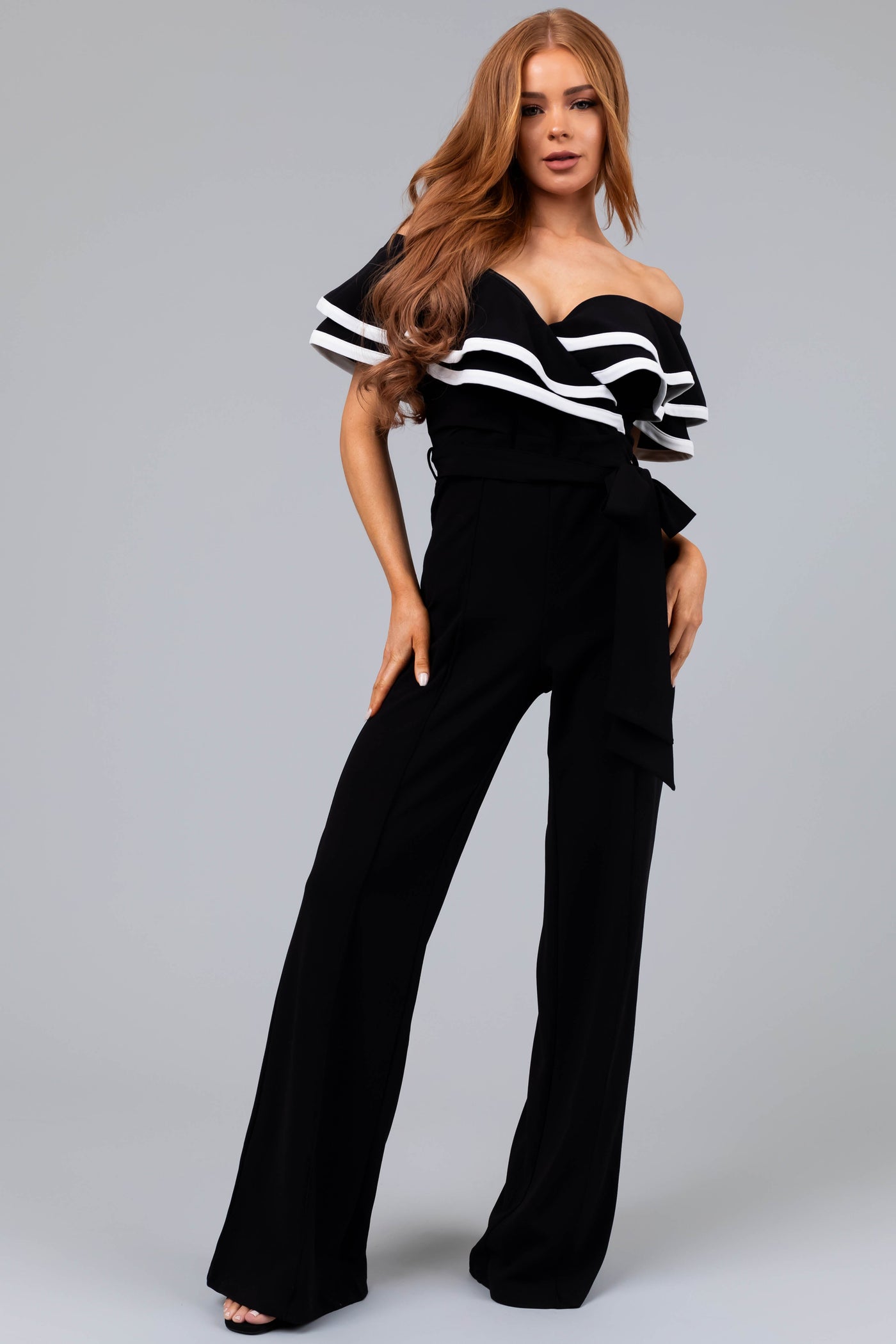 Black Ruffle Jumpsuit with Ivory Contrast Trim