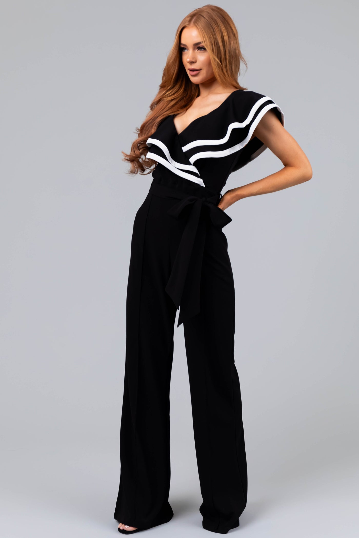 Black Ruffle Jumpsuit with Ivory Contrast Trim