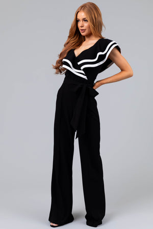 Black Ruffle Jumpsuit with Ivory Contrast Trim