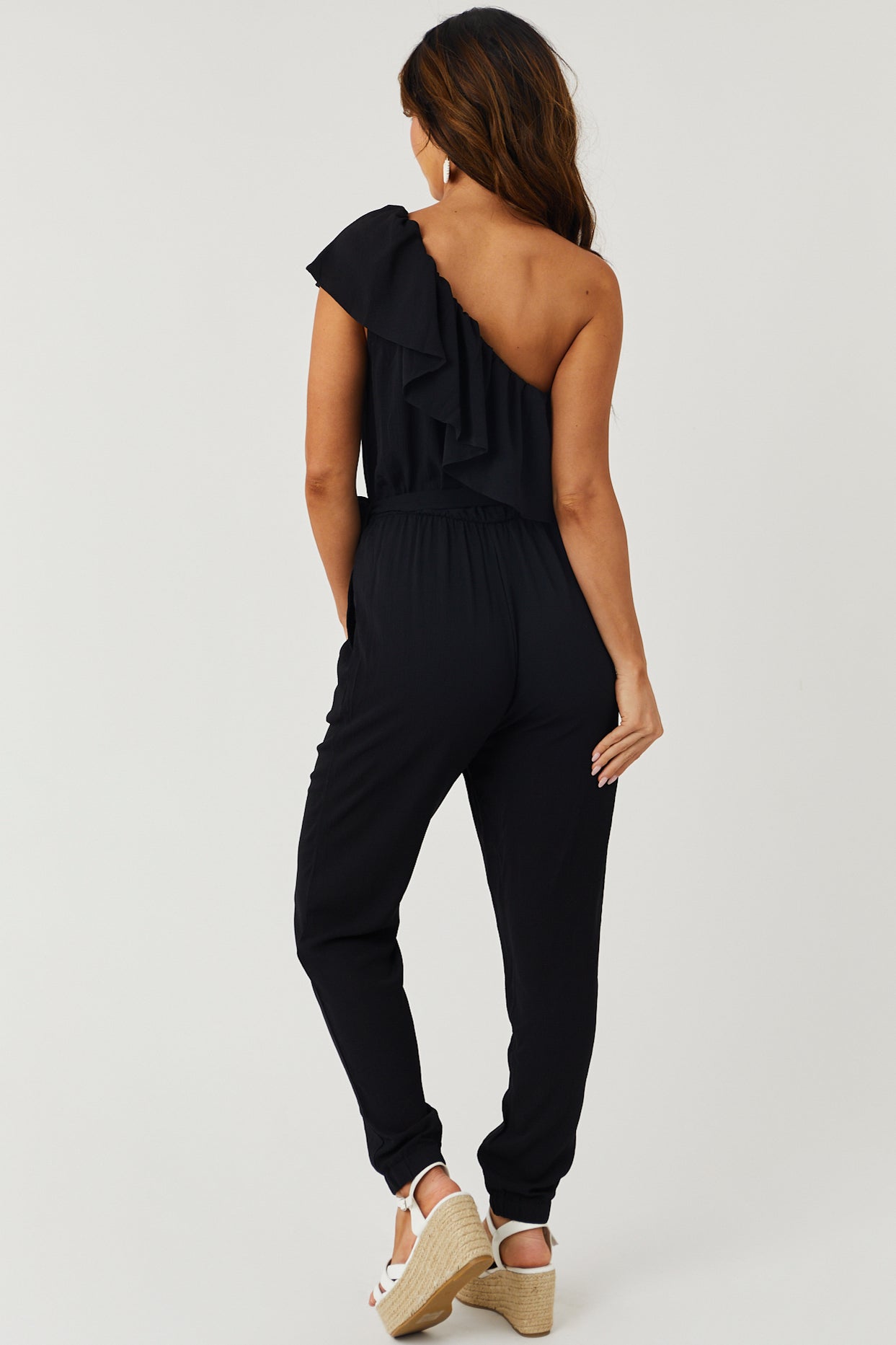 Black Ruffle One Shoulder Waist Belt Tie Jumpsuit