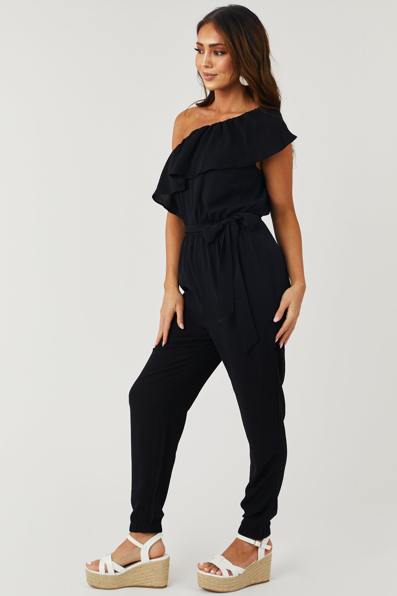 Black Ruffle One Shoulder Waist Belt Tie Jumpsuit