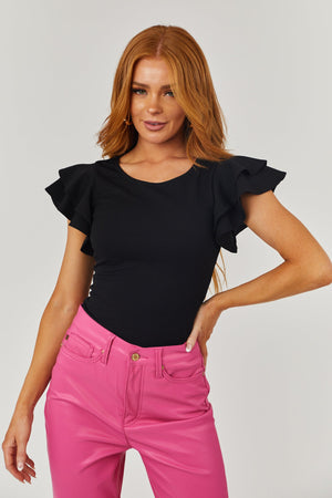 Black Ruffle Short Sleeve Knit Bodysuit