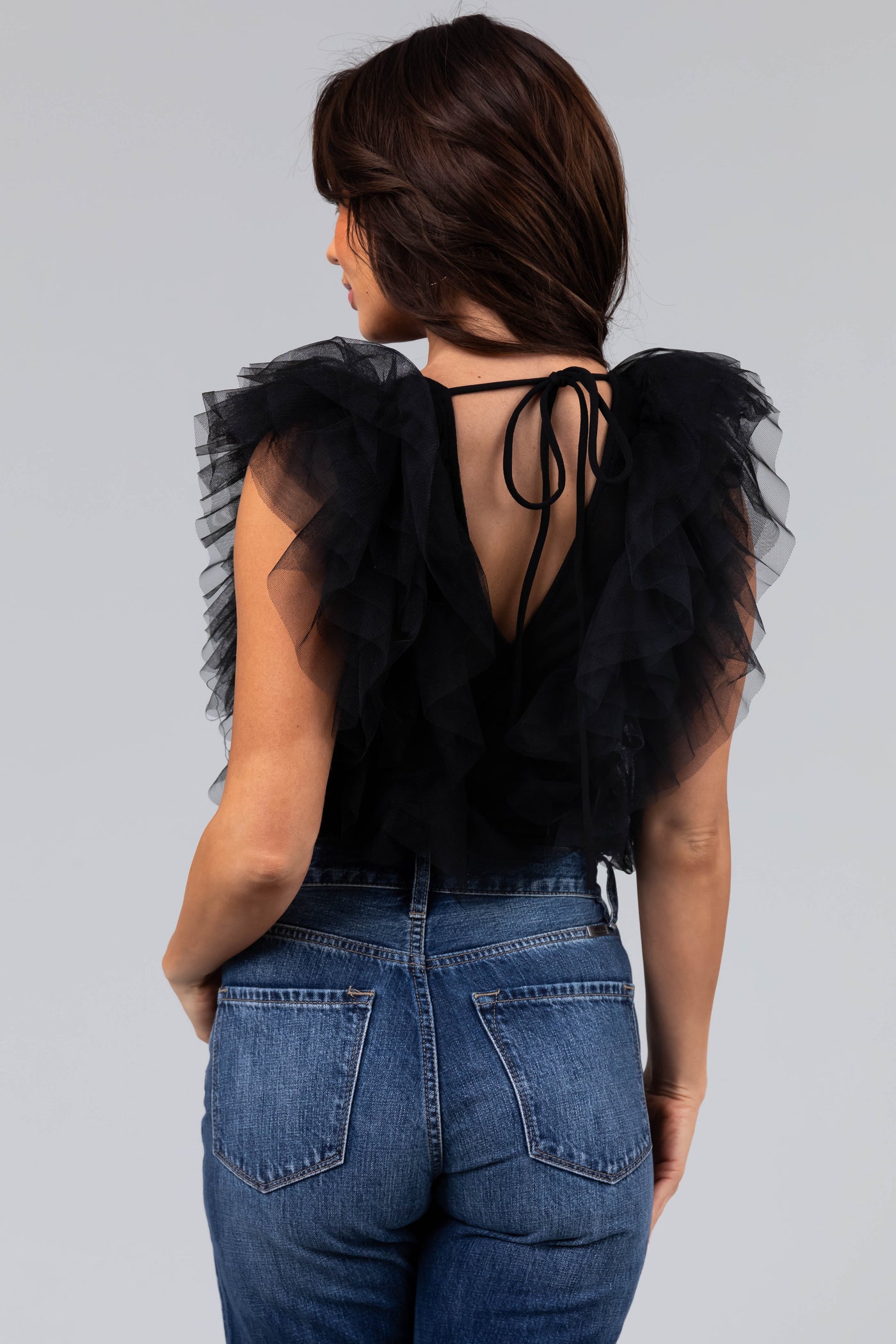 Black Ruffle Tulle Deep V Sleeveless Bodysuit