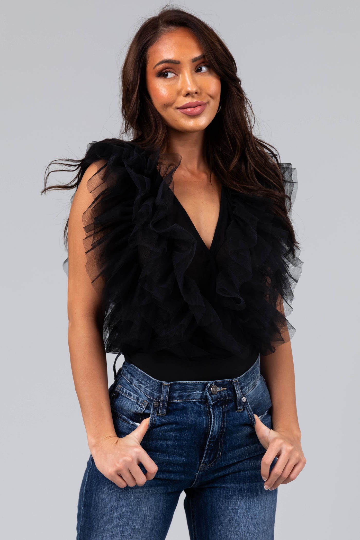 Black Ruffle Tulle Deep V Sleeveless Bodysuit
