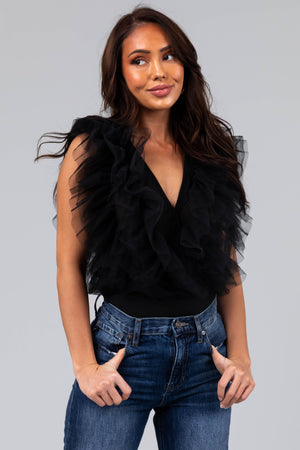 Black Ruffle Tulle Deep V Sleeveless Bodysuit