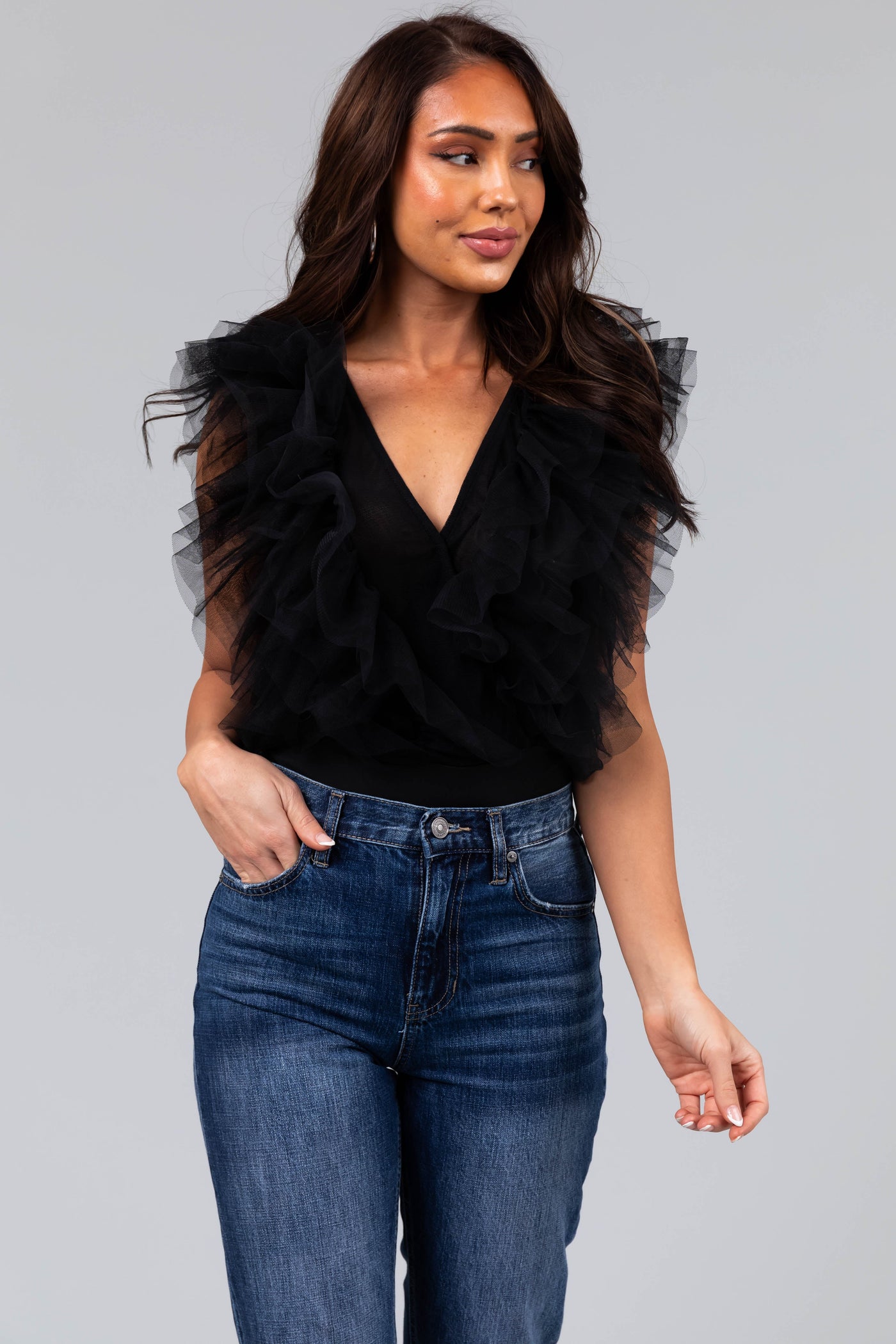 Black Ruffle Tulle Deep V Sleeveless Bodysuit