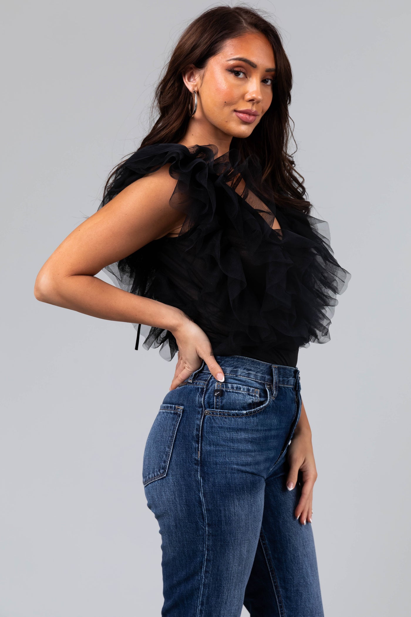 Black Ruffle Tulle Deep V Sleeveless Bodysuit