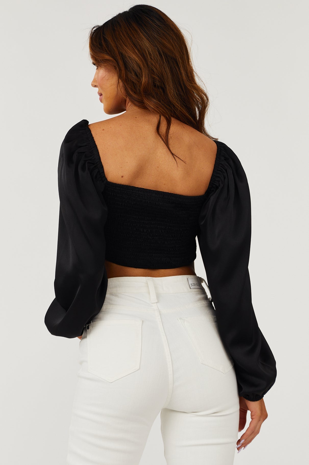 Black Satin Bubble Sleeve Smocked Crop Top