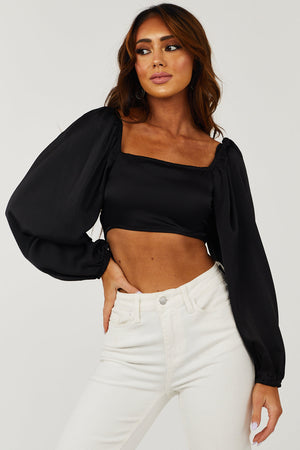 Black Satin Bubble Sleeve Smocked Crop Top