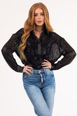 Black Sequin Button Down Long Sleeve Top