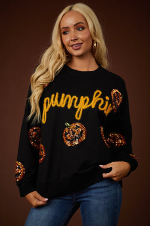 Black Sequin Pumpkin Graphic Sweatshirt