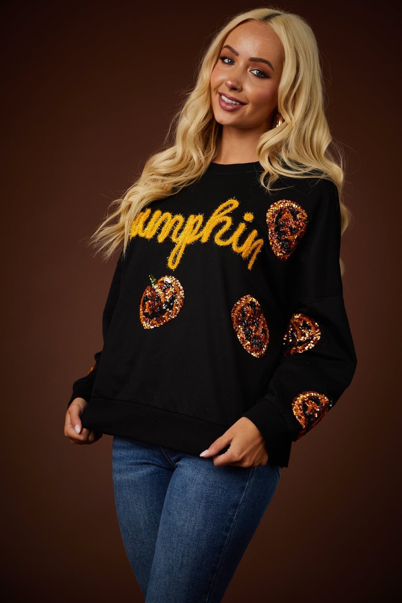Black Sequin Pumpkin Graphic Sweatshirt