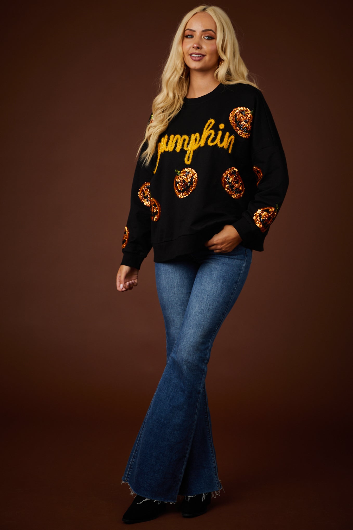 Black Sequin Pumpkin Graphic Sweatshirt