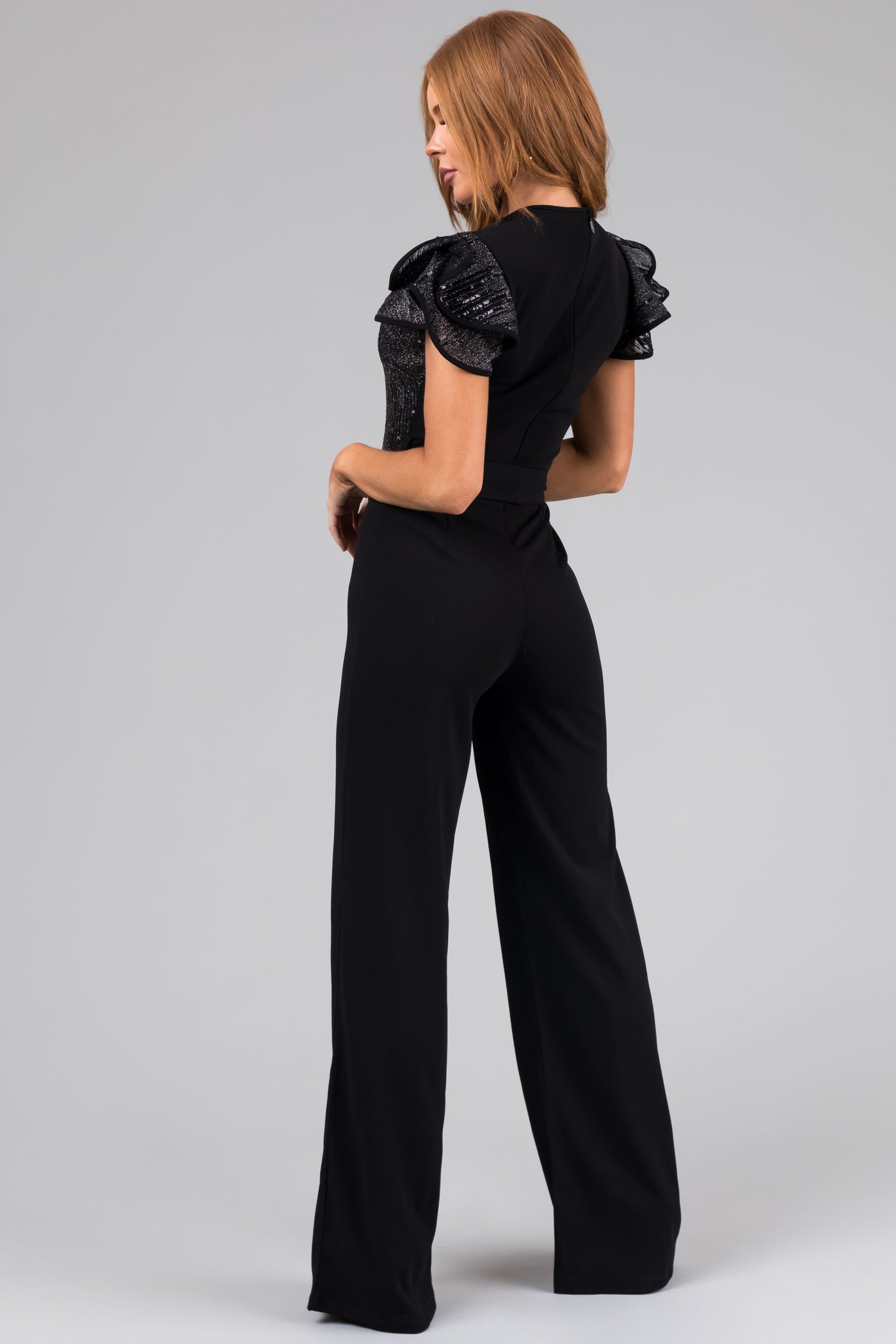 Black Sequin Ruffle Sleeve V Neck Jumpsuit