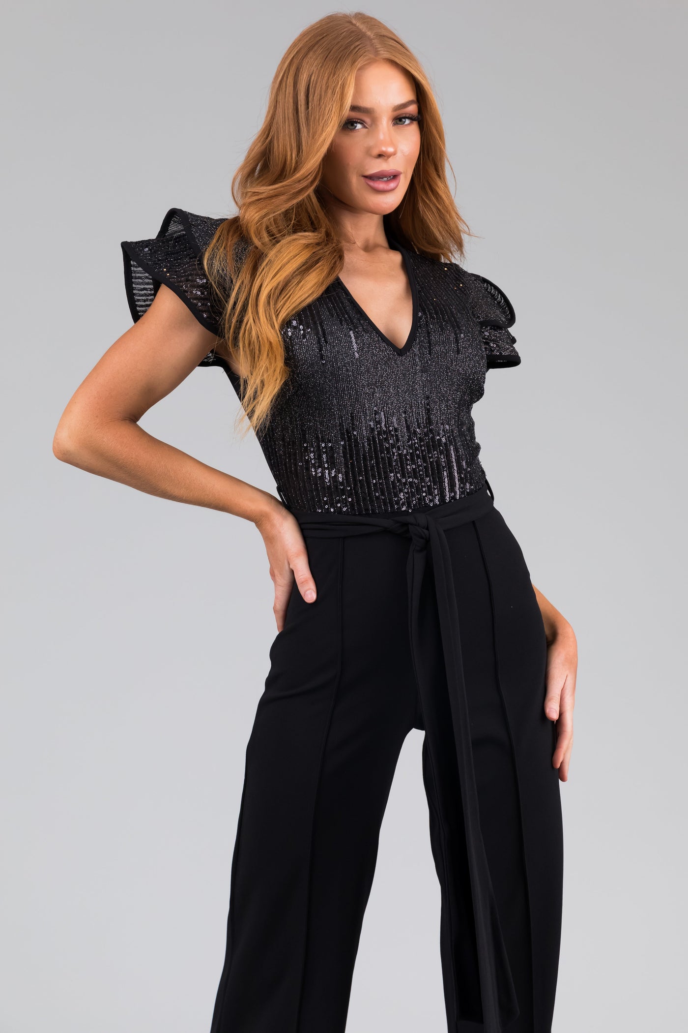 Black Sequin Ruffle Sleeve V Neck Jumpsuit