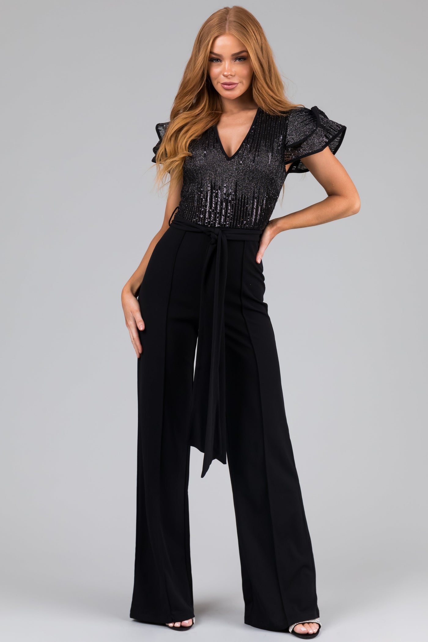 Black Sequin Ruffle Sleeve V Neck Jumpsuit