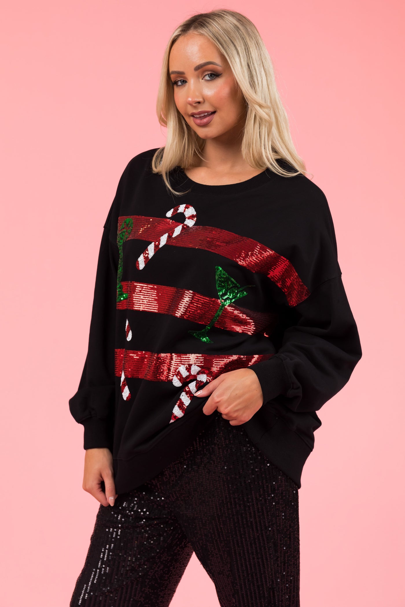 Black Sequined Graphic Long Sleeve Sweatshirt