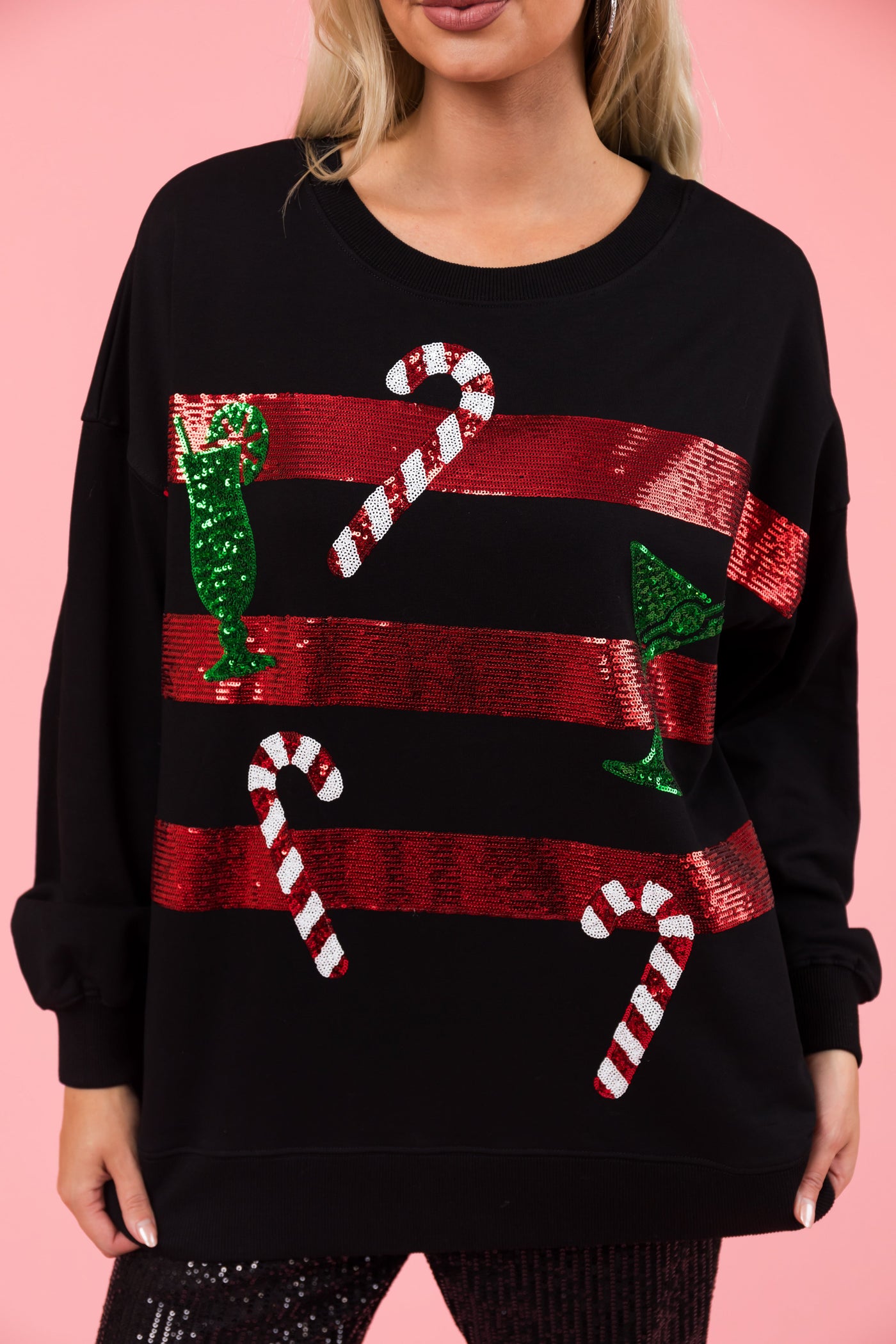 Black Sequined Graphic Long Sleeve Sweatshirt