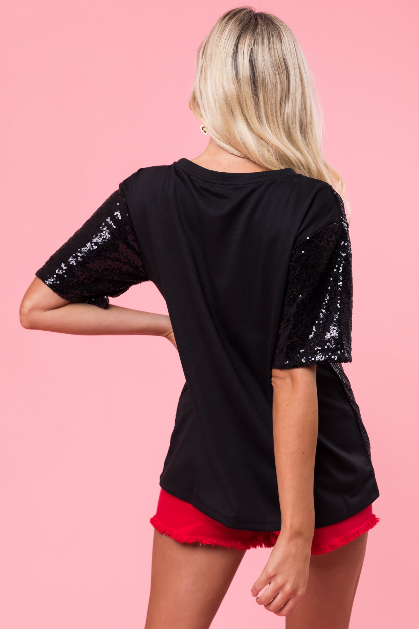 Black Sequined Heart Short Sleeve Top