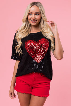 Black Sequined Heart Short Sleeve Top