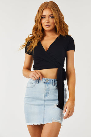 Black Short Sleeve Cropped Wrap Top