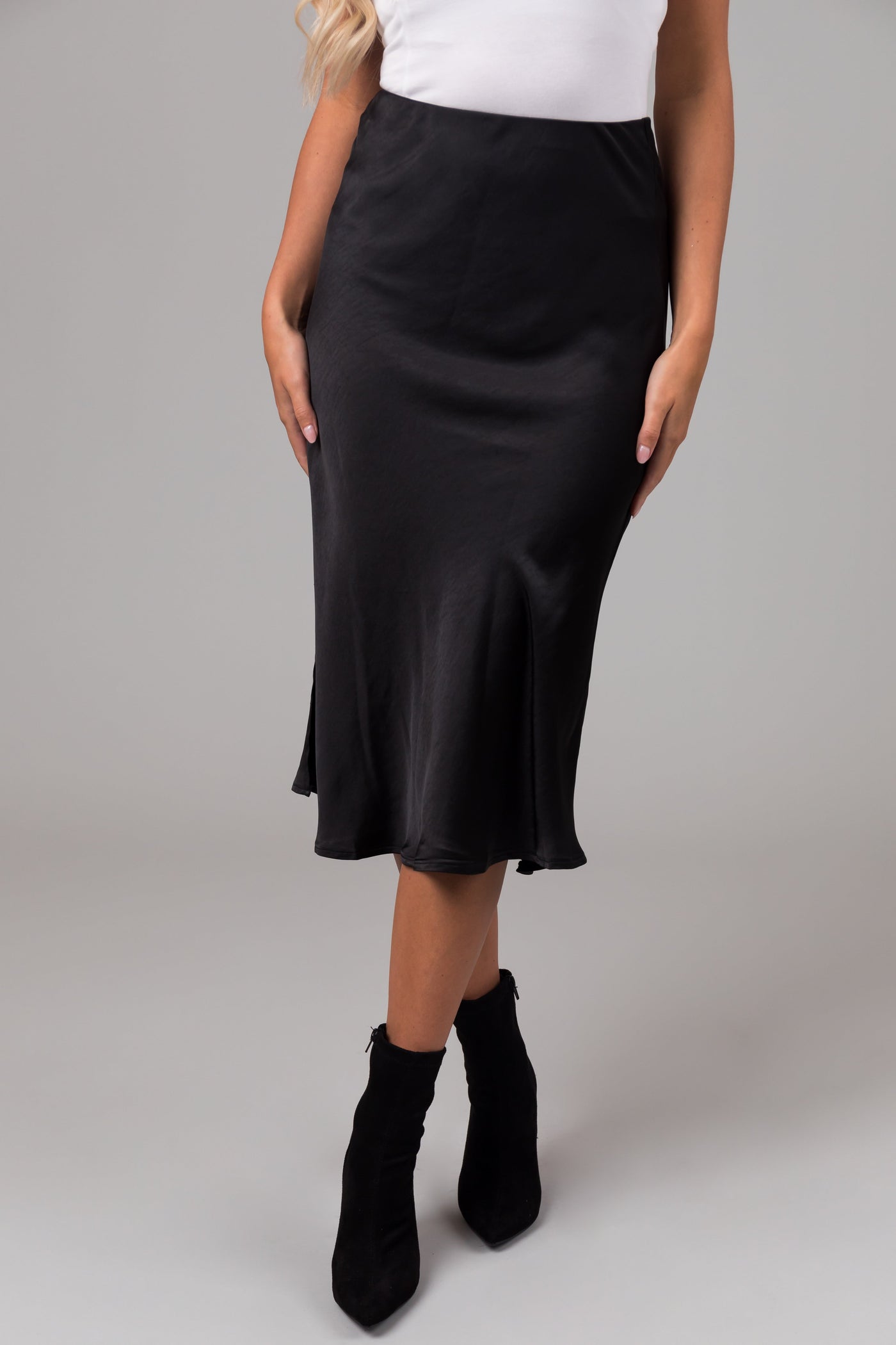 Black Side Slit Satin Midi Skirt
