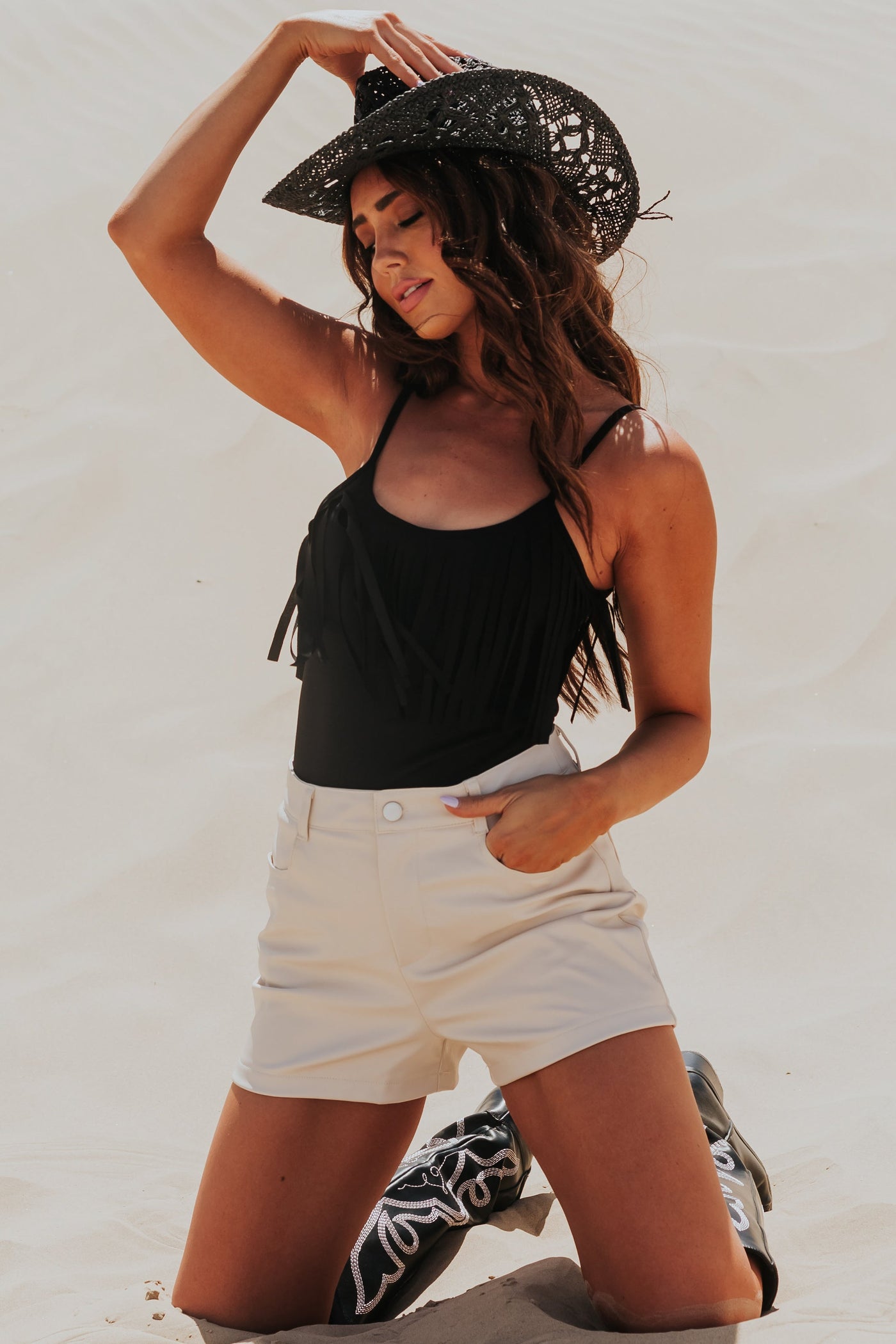 Black Sleeveless Bodysuit with Fringe